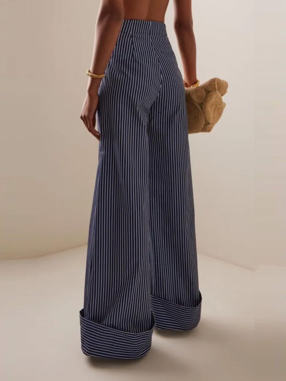 Navy Blue Casual Women's Striped Wide Leg Pants - Picture 2 of 4